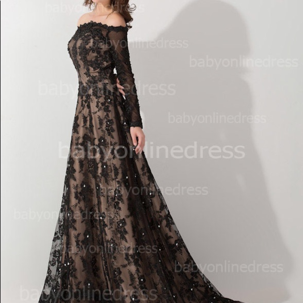 Black lace embellished long sleeve A line dress